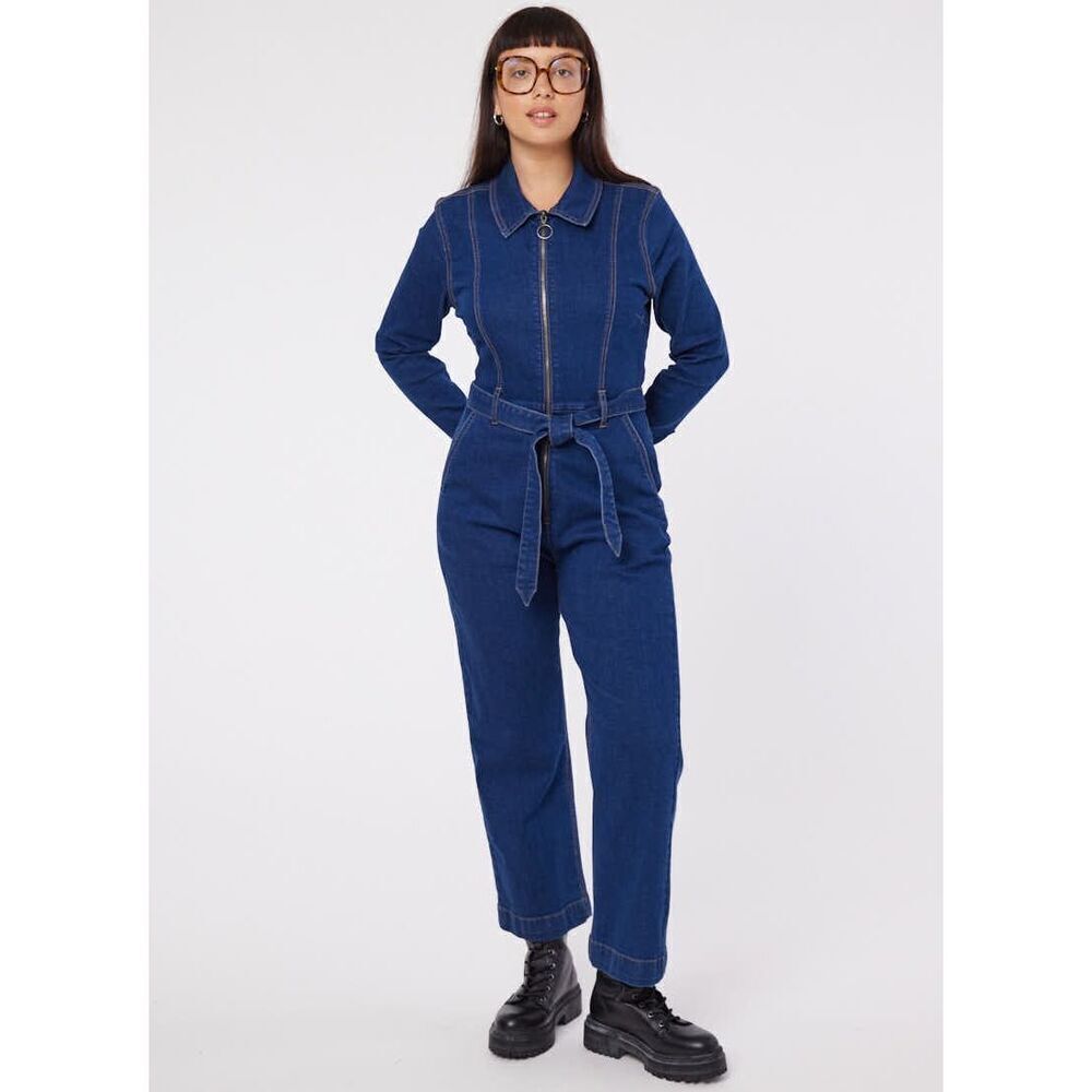 Womens Joanie Clothing Macdougal Indigo Denim Jean Ls Jumpsuit Boilersuit Sz 14